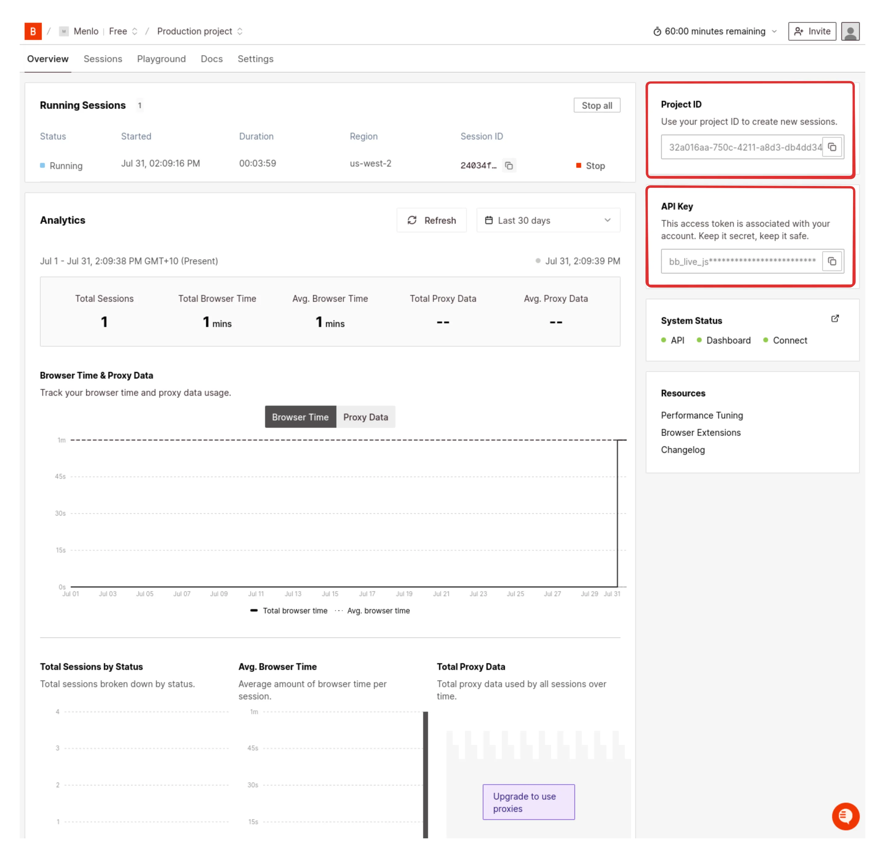 Browserbase dashboard showing API key and project ID