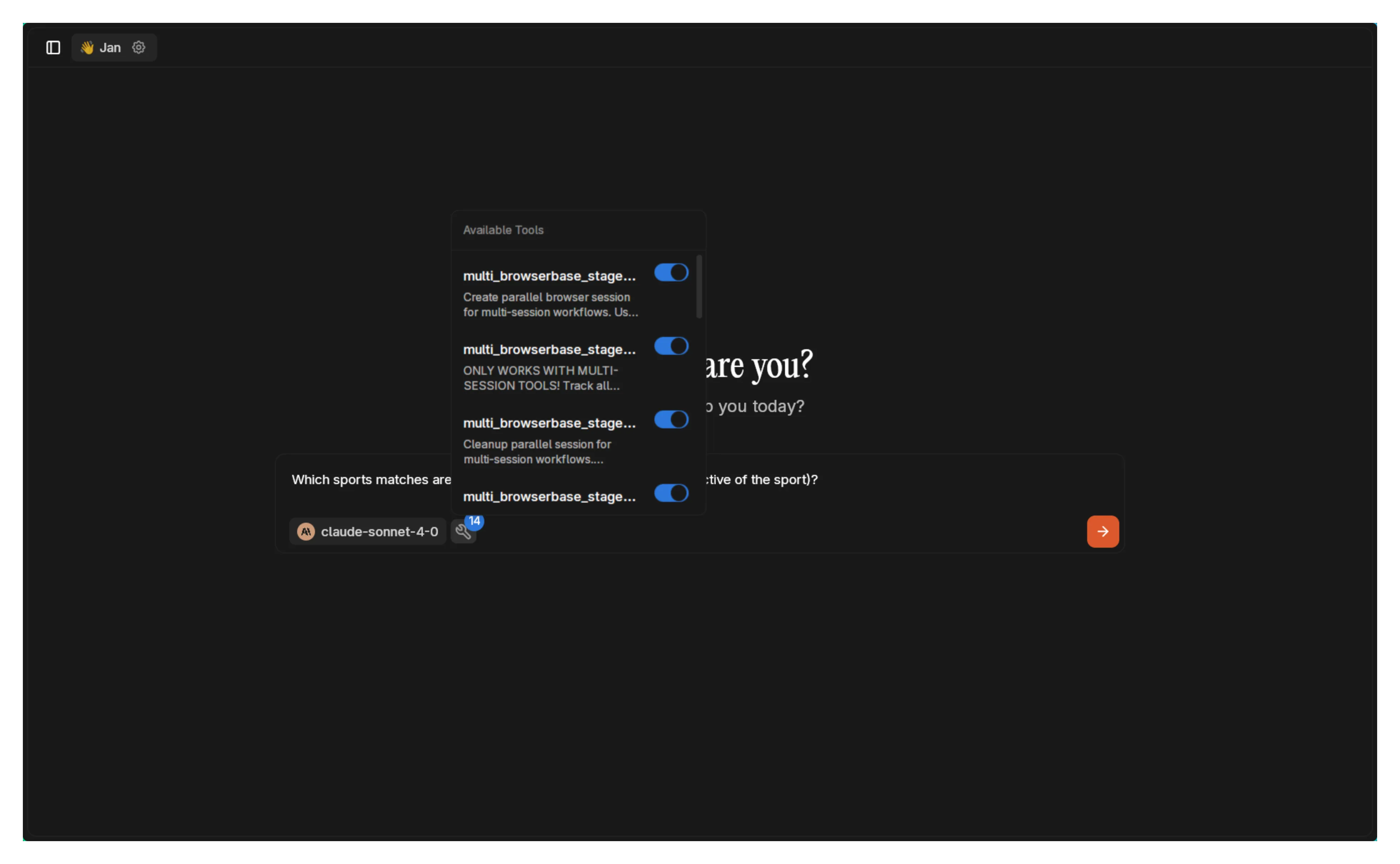 Chat interface showing available Browserbase tools