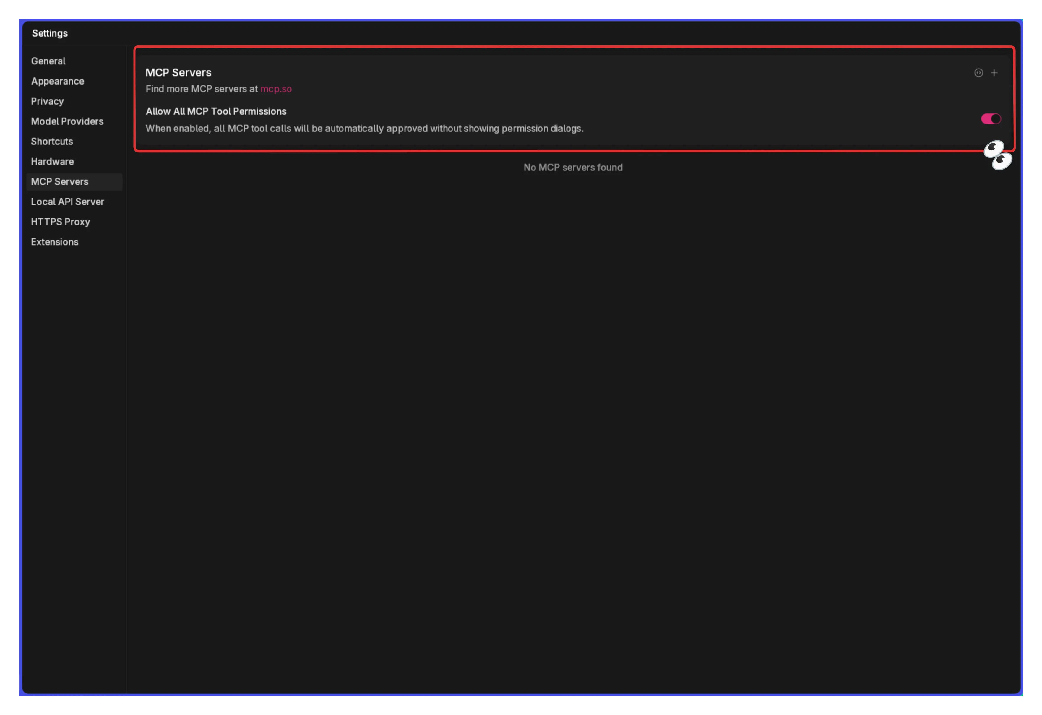 MCP settings page with toggle enabled